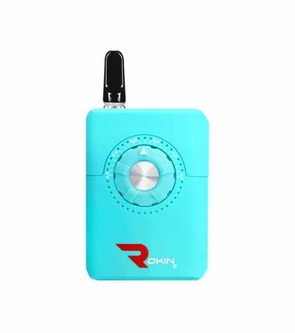 Light Blue Dial Vape Pen Battery | Front View With Cart | Rokin