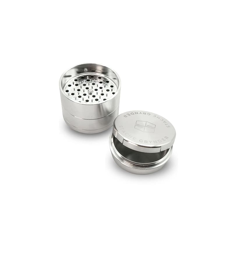 Stache Big 5 piece grynder silver with the lid off Stache Big 5 piece grynder silver with the lid off