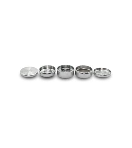 Stache Big 5 piece grynder silver open with all 5 pieces separated