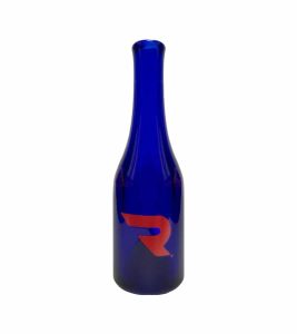 A tall, slender cobalt blue glass bottle with a red stylized "R" logo on its lower half.