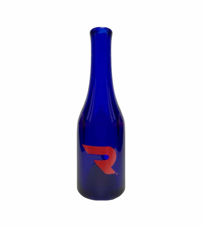 A tall, slender cobalt blue glass bottle with a red stylized "R" logo on its lower half.