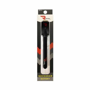 A black "Rokin" "Quickdraw Battery" is packaged in a clear plastic blister pack with a red and gray background.
