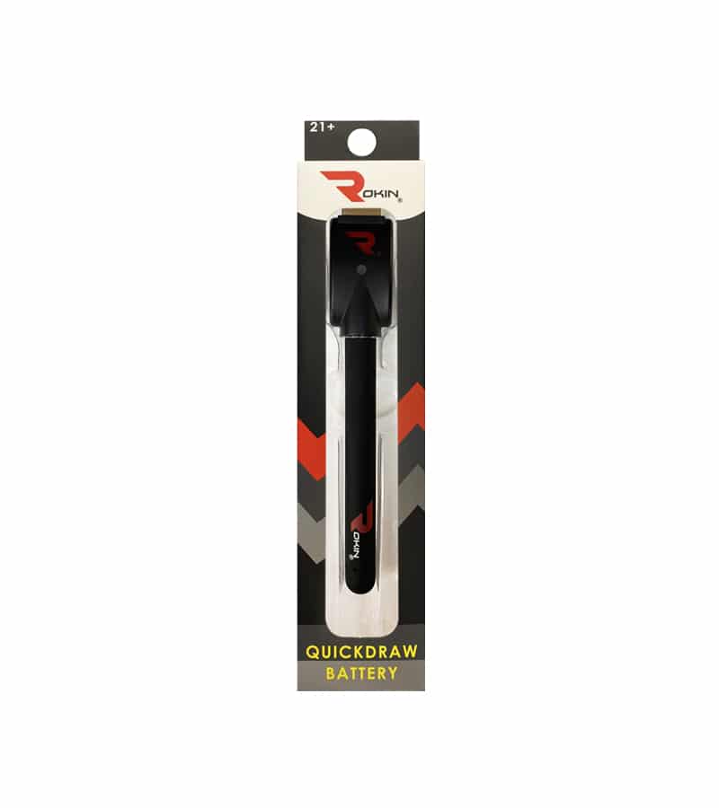 A black "Rokin" "Quickdraw Battery" is packaged in a clear plastic blister pack with a red and gray background.