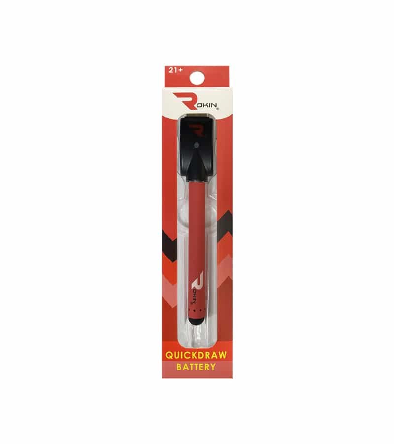 Red "ROKIN QUICKDRAW BATTERY" in clear packaging with black and red accents, displaying "21+" at the top.