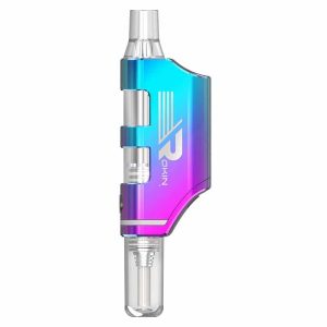 A blue and purple iridescent vape device with a clear mouthpiece and a clear glass chamber at the bottom.