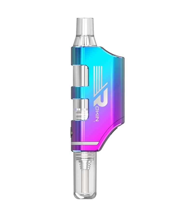 A blue and purple iridescent vape device with a clear mouthpiece and a clear glass chamber at the bottom.