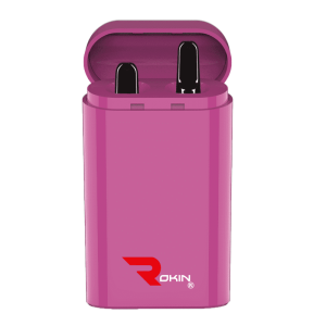 A bright pink rectangular case with an open lid reveals two black earbuds inside, with "ROKIN" logo.