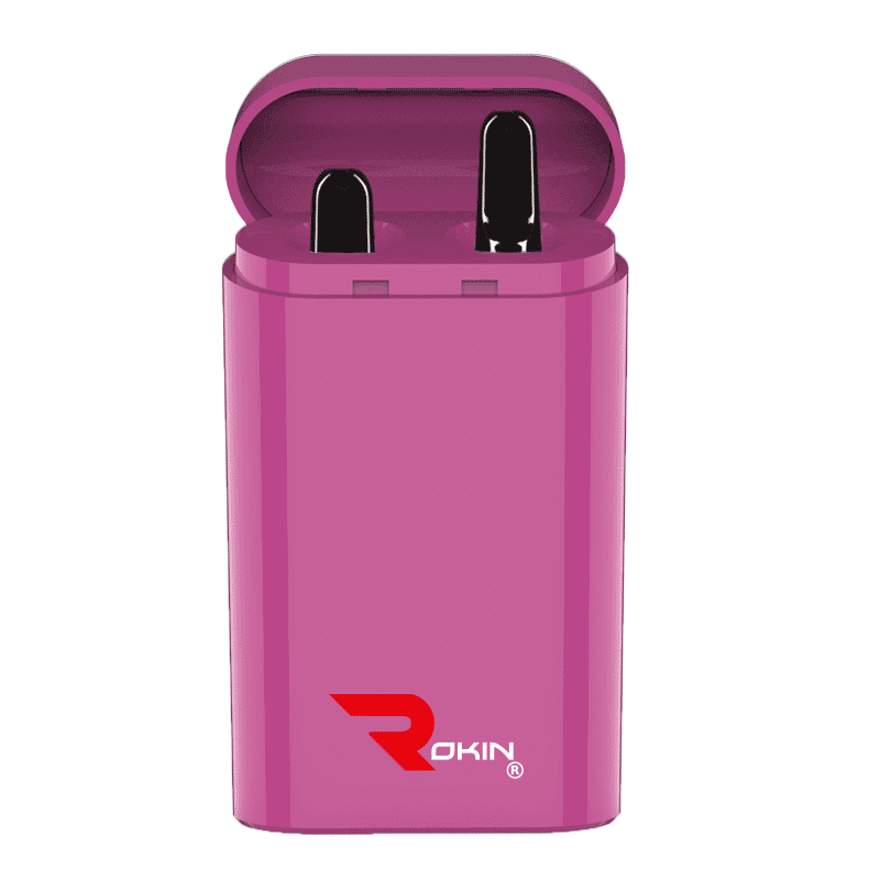 A bright pink rectangular case with an open lid reveals two black earbuds inside, with "ROKIN" logo.
