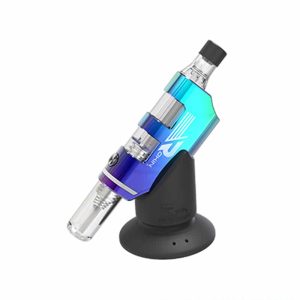 A blue and green gradient vape pen with "NIHO" on its side, resting in a black stand.