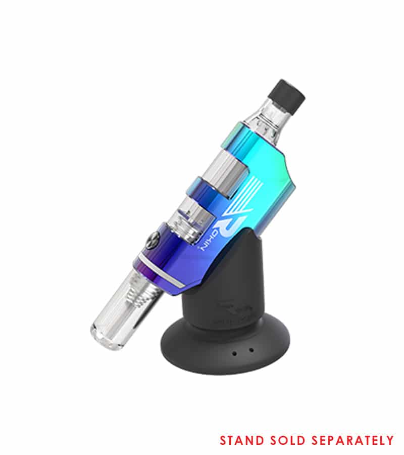 A blue and green gradient vape pen with "NIHO" on its side, resting in a black stand.