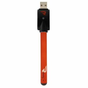 An orange vape pen with "ROKIN" printed vertically in white, connected to a black USB charger.