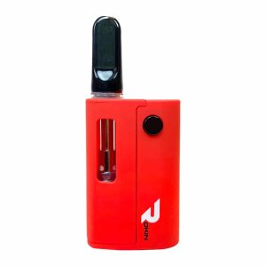 A red vape device with a black mouthpiece and a black circular button, displaying "ROKIN" vertically.