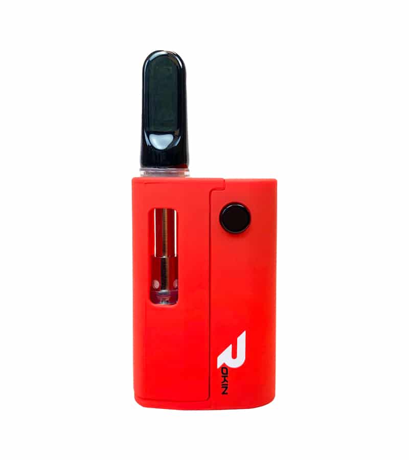A red vape device with a black mouthpiece and a black circular button, displaying "ROKIN" vertically.