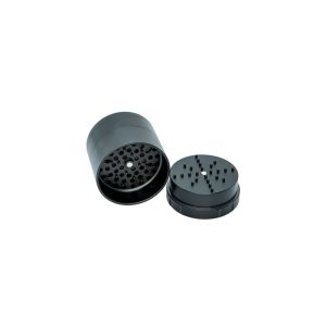 A black cylindrical grinder with a textured top and a separate, matching lid with spikes, on a white background.