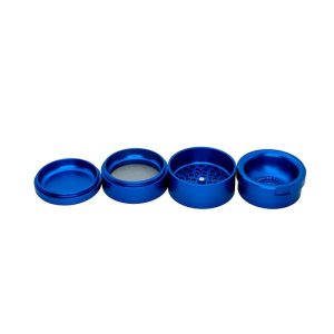 Four round, disassembled blue metal grinder pieces are arranged horizontally on a white background.