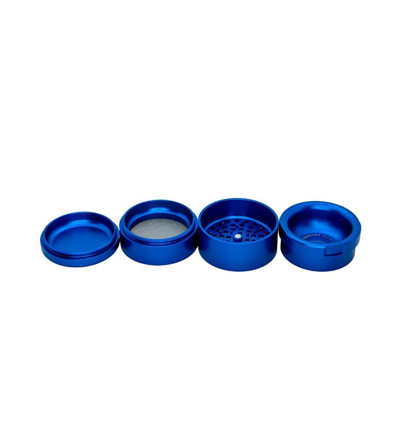 Four round, disassembled blue metal grinder pieces are arranged horizontally on a white background.