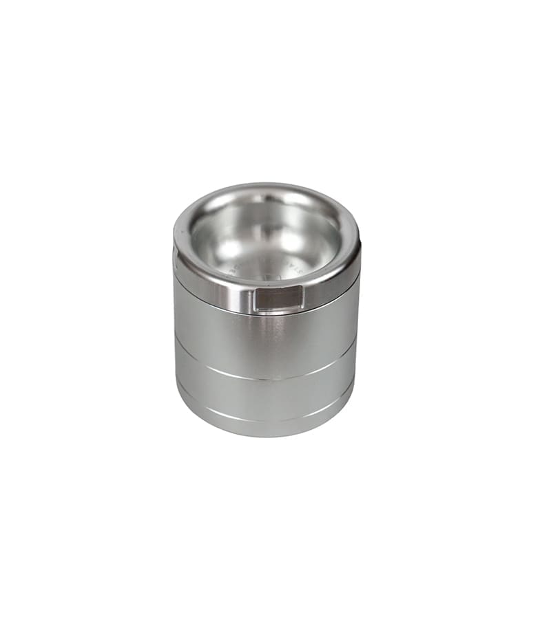 A cylindrical, silver metal container with a recessed top and two horizontal grooves on the side.