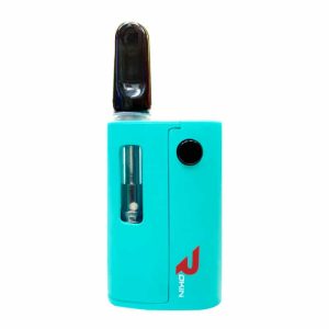 A turquoise vape device with a black mouthpiece and button, displaying a clear window with a cartridge and "ROKIN" logo.