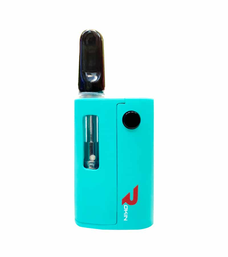 A turquoise vape device with a black mouthpiece and button, displaying a clear window with a cartridge and "ROKIN" logo.