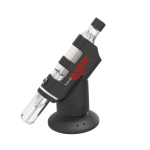 A black and clear "Okin" vape device with a red logo sits on a black "Stinger" charging stand.