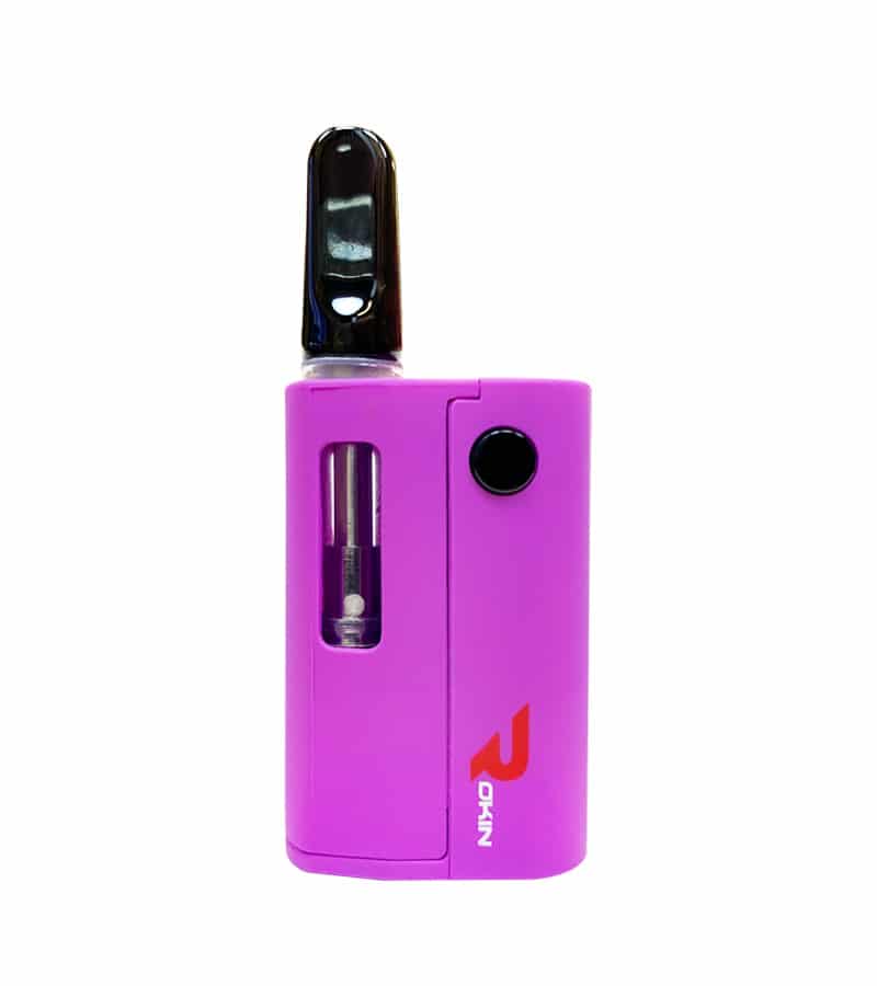 A bright magenta vape pen with a black mouthpiece and a clear cartridge, featuring a red "ROKIN" logo.
