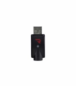 A black USB charger with a red "R" logo and a small white dot on the front, against a white background.