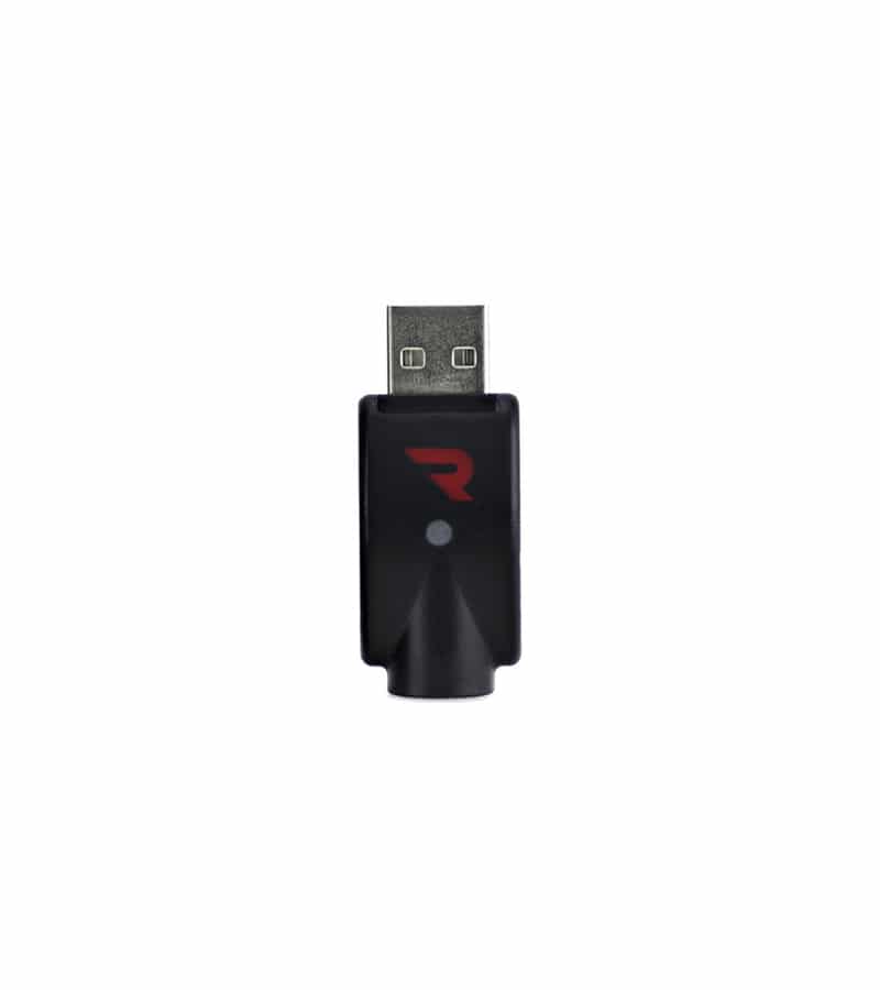 A black USB charger with a red "R" logo and a small white dot on the front, against a white background.