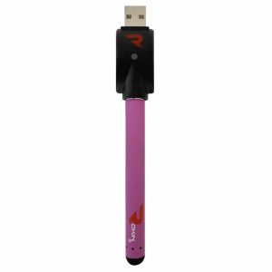 A purple vape pen with "OKIN" and a logo on the side is connected to a black USB charger.