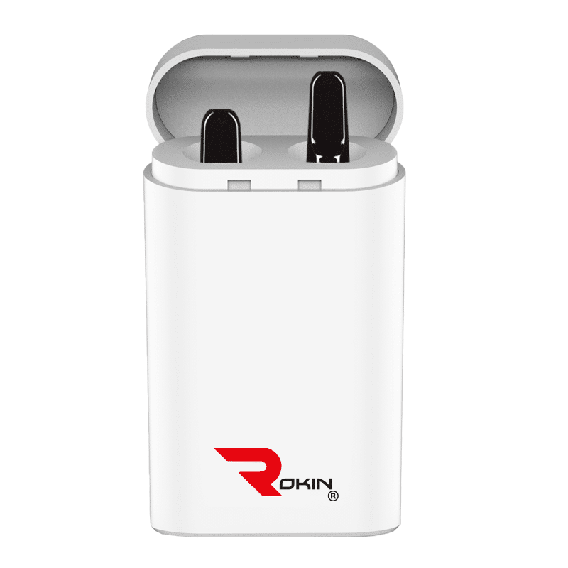 A white rectangular charging case with an open lid reveals two black earbud-like devices and a red "ROKIN" logo.