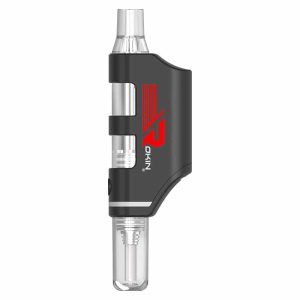A black and clear vape device with red "OKIN" branding stands vertically on a white background.