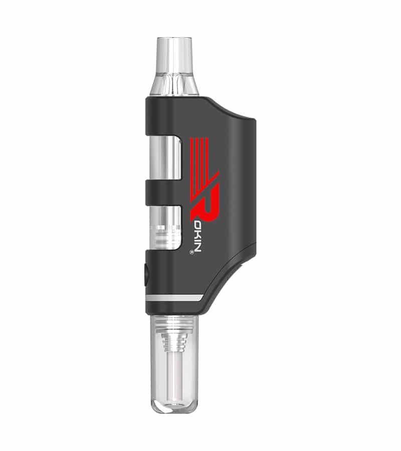 A black and clear vape device with red "OKIN" branding stands vertically on a white background.