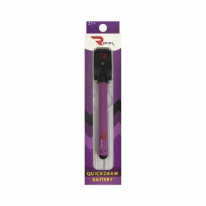 A purple "ROKIN" "QUICKDRAW BATTERY" in clear packaging with "21+" at the top.