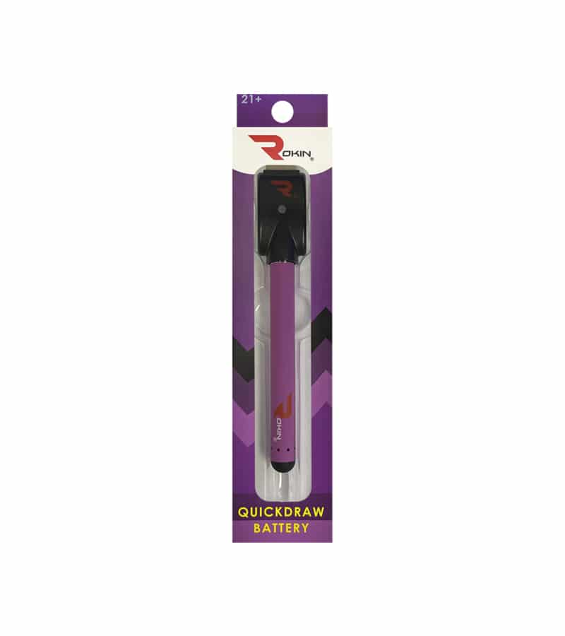 A purple "ROKIN" "QUICKDRAW BATTERY" in clear packaging with "21+" at the top.