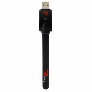 A black pen-style vape battery with a USB charger attached, featuring a red "R" logo and "OKIN" text.