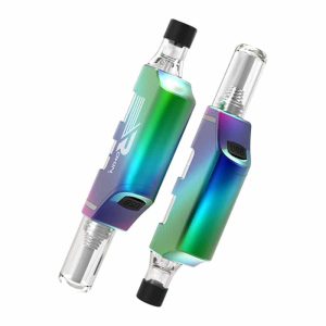 Two iridescent vape pens, one with "ROKIN" and "USB" visible, are angled on a white background.