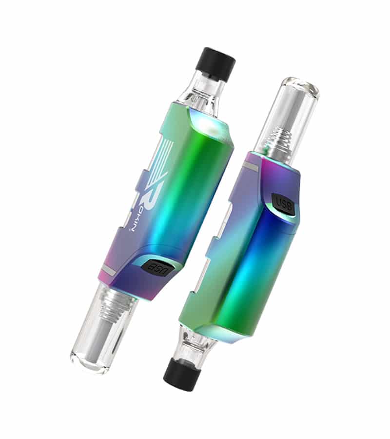 Two iridescent vape pens, one with "ROKIN" and "USB" visible, are angled on a white background.