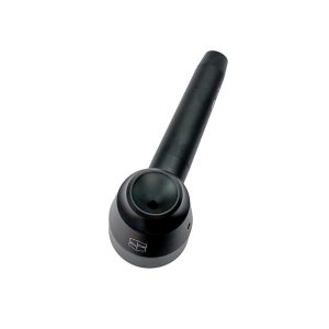 A black handheld medical dermatoscope with a round head and a long cylindrical handle is angled on a white background.