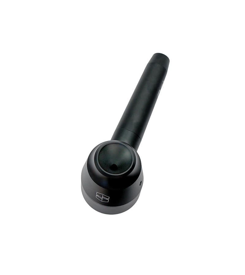 A black handheld medical dermatoscope with a round head and a long cylindrical handle is angled on a white background.