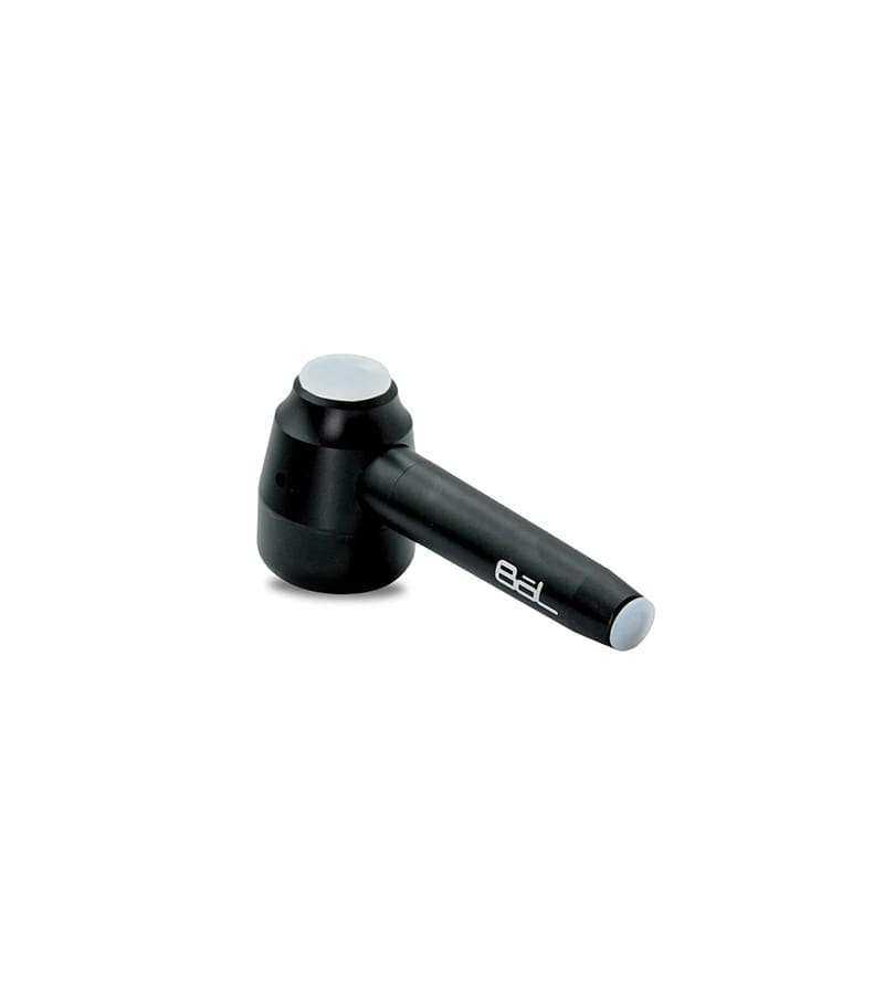 A black and silver massage hammer with "BEL" written on the handle, on a white background.