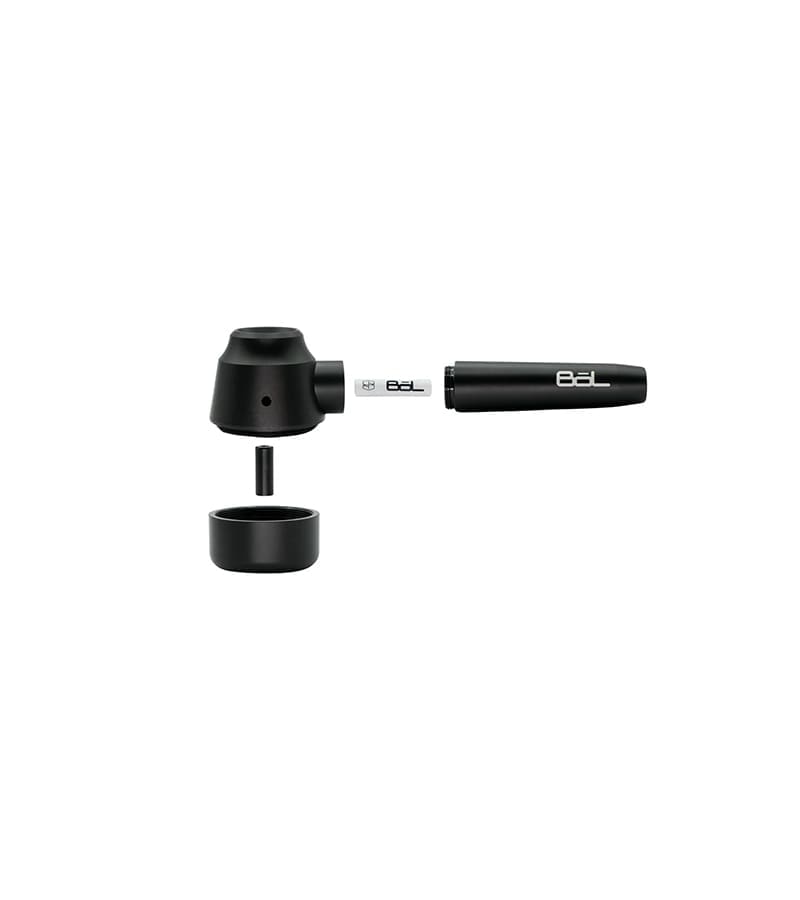 A black disassembled device with "B8L" printed on an internal battery and the outer casing, against a white background.