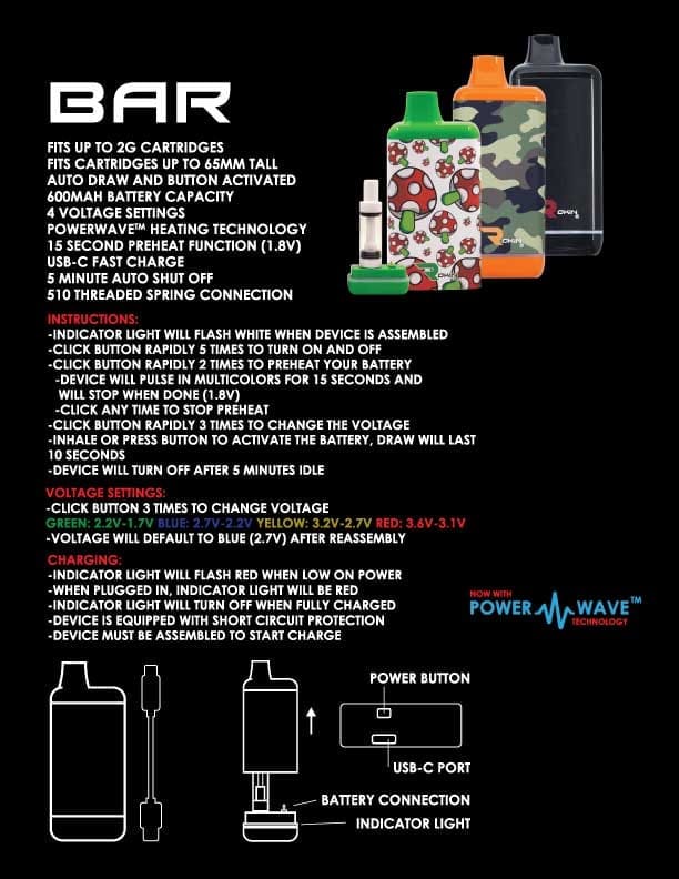 Three vape devices, one green with mushrooms, one orange camouflage, and one black, with "BAR" text.