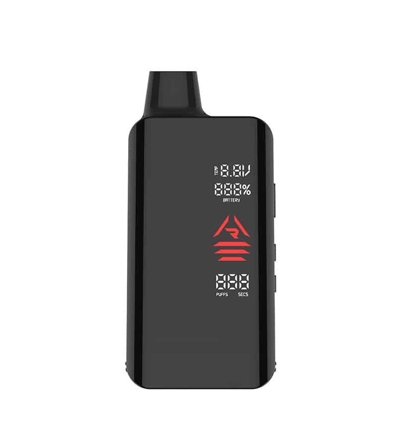 A black vape device with a digital screen displaying "18.8V", "88%", "BATTERY", a red logo, and "PUFFS" "SECS".
