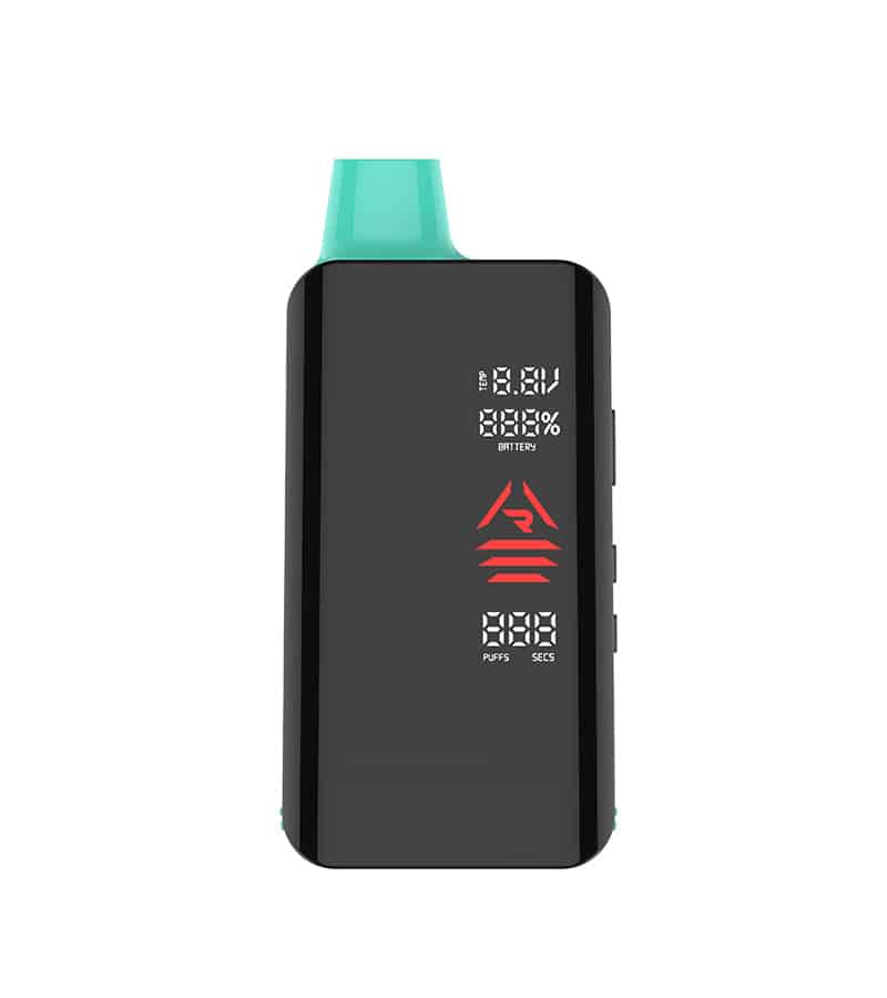 A black vape device with a teal mouthpiece displays "18.8V," "88% BATTERY," a red symbol, and "PUFFS SECS."