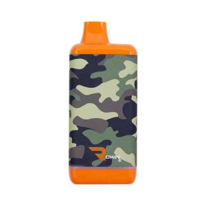 An orange vape device with a camouflage pattern and "ROKIN" printed on the side.