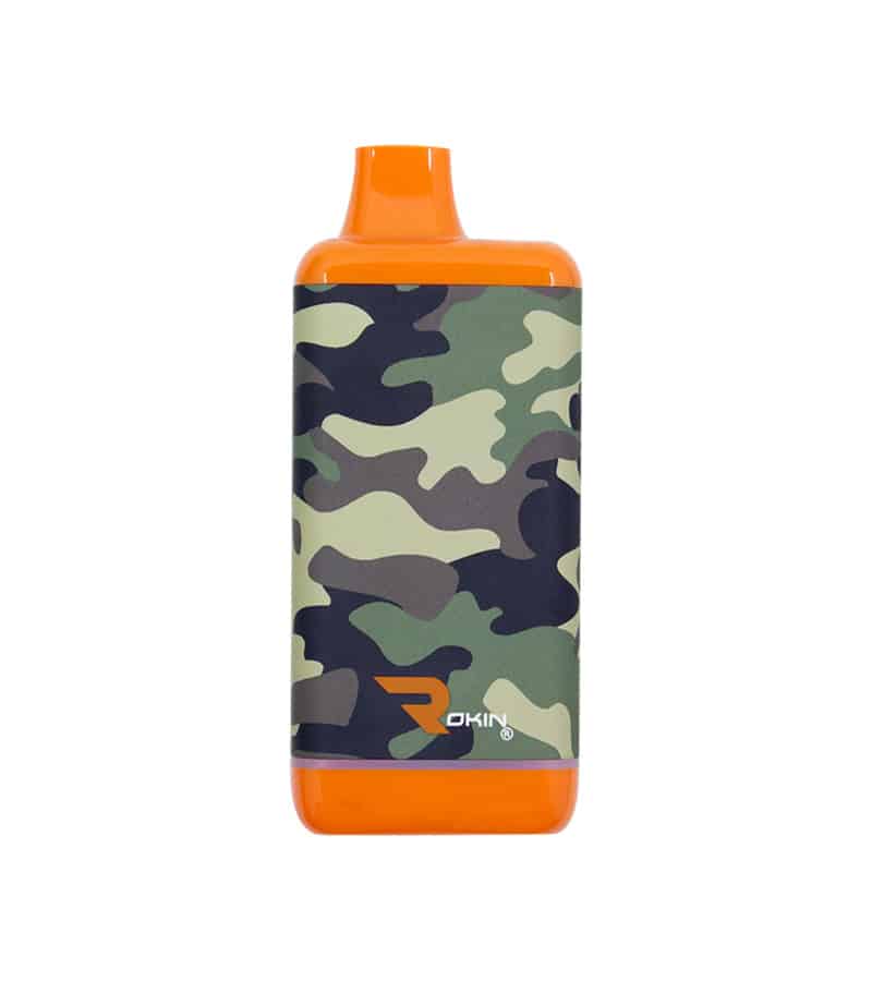 An orange vape device with a camouflage pattern and "ROKIN" printed on the side.