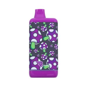 A purple and dark gray rectangular vape device with a repeating pattern of purple and green mushrooms, and "ROKIN" in white.