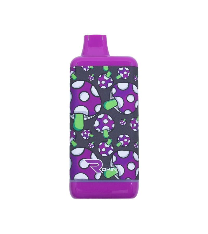 A purple and dark gray rectangular vape device with a repeating pattern of purple and green mushrooms, and "ROKIN" in white.