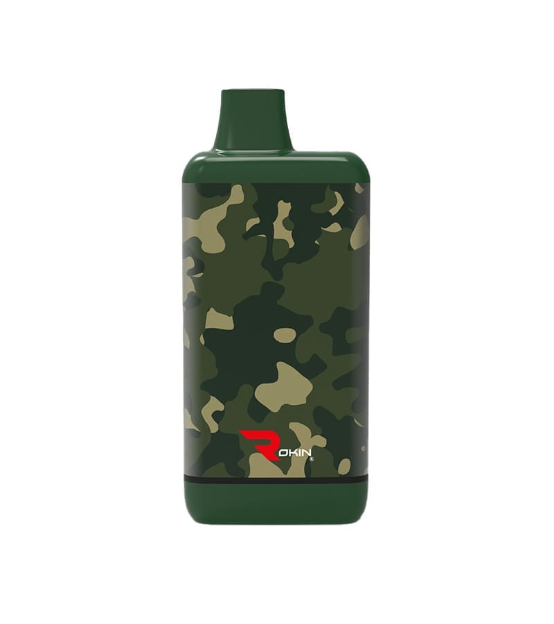 A dark green vape device with a camouflage pattern and "OKIN" in white text with a red stylized "R" logo.