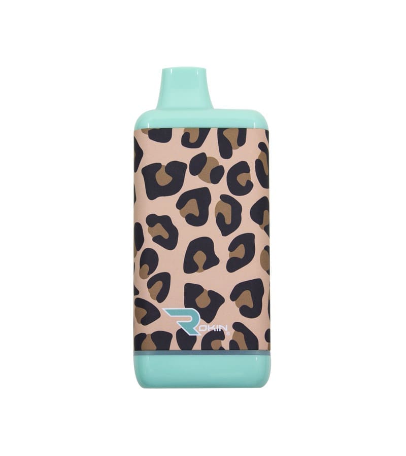 A light blue and leopard print rectangular vape device with "ROKIN" in blue on the lower front.