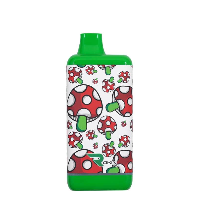A green and white vape pen with a red mushroom pattern and "ROKIN" logo on a white background.